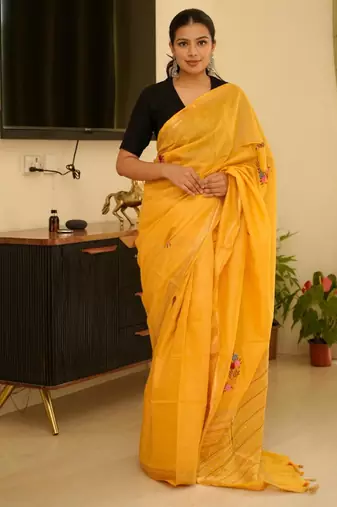 sunlit mustard linen saree with zari border & floral embroidery