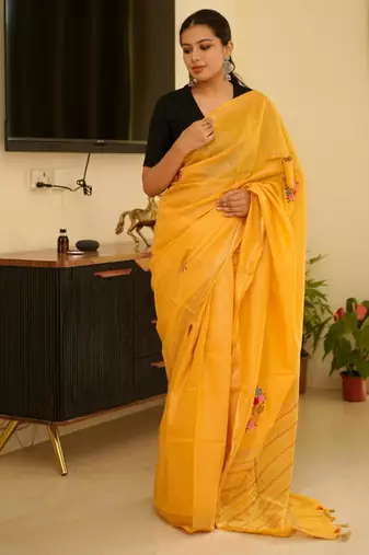 sunlit mustard linen saree with zari border & floral embroidery