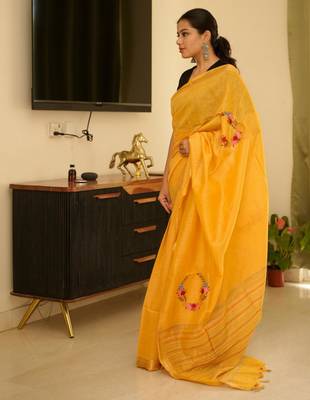 sunlit mustard linen saree with zari border & floral embroidery 3