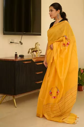sunlit mustard linen saree with zari border & floral embroidery