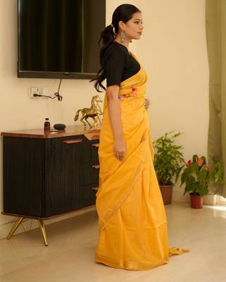 sunlit mustard linen saree with zari border & floral embroidery 4