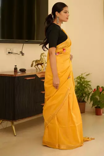 sunlit mustard linen saree with zari border & floral embroidery