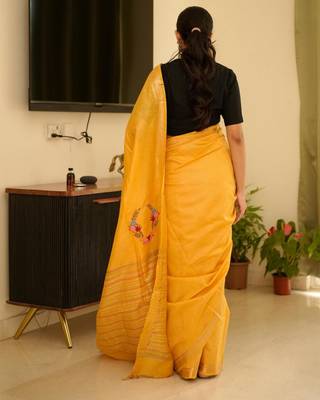 sunlit mustard linen saree with zari border & floral embroidery 5
