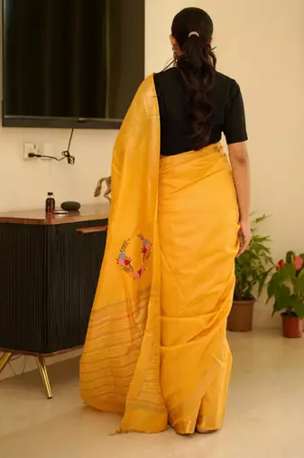 sunlit mustard linen saree with zari border & floral embroidery