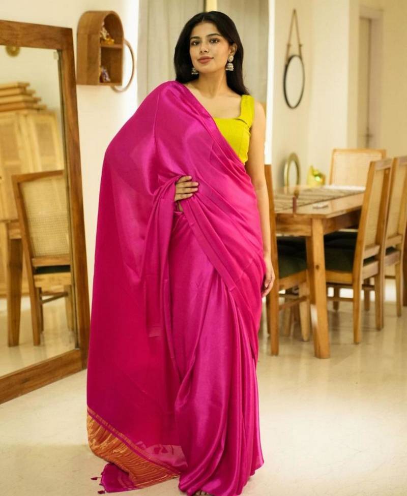 rani radiance pink silk blend saree with gold zari border