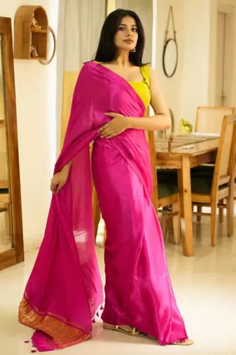 rani radiance pink silk blend saree with gold zari border