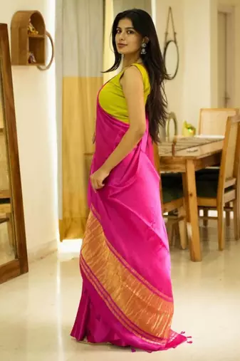 rani radiance pink silk blend saree with gold zari border