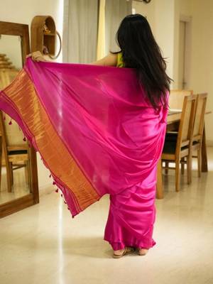 rani radiance pink silk blend saree with gold zari border 4