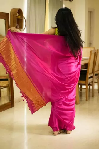 rani radiance pink silk blend saree with gold zari border