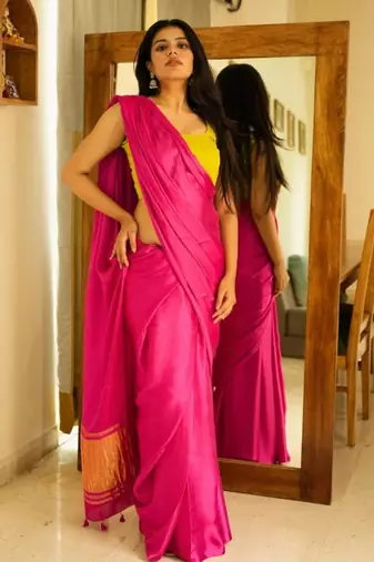 rani radiance pink silk blend saree with gold zari border