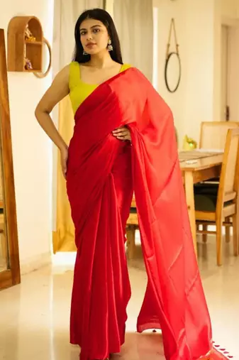 crimson glow red silk blend saree with gold zari border
