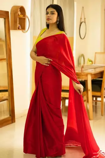 crimson glow red silk blend saree with gold zari border
