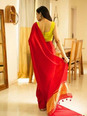 crimson glow red silk blend saree with gold zari border 4