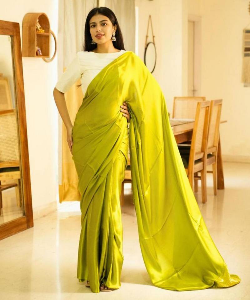 lime lustre pure silk blend saree with gold zari border