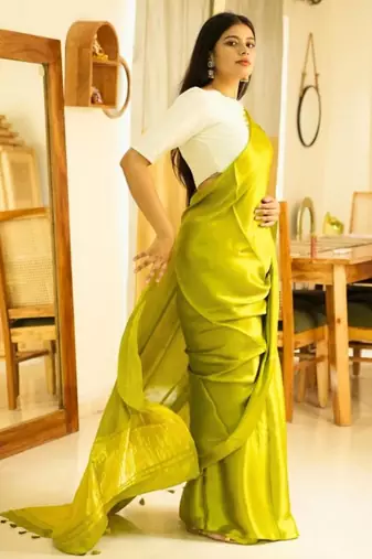 lime lustre pure silk blend saree with gold zari border