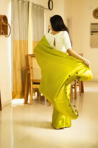 lime lustre pure silk blend saree with gold zari border