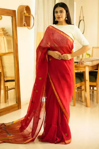 paithani blossom handpainted red linen saree