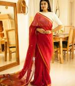 paithani blossom handpainted red linen saree