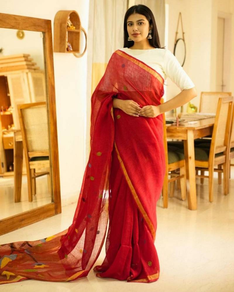 paithani blossom handpainted red linen saree