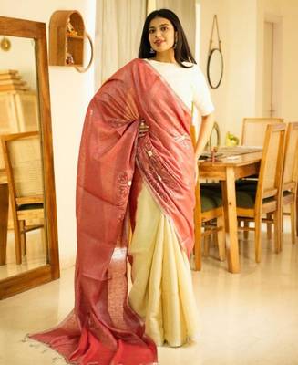 ros   whisper handcrafted floral linen saree in dual tone 1