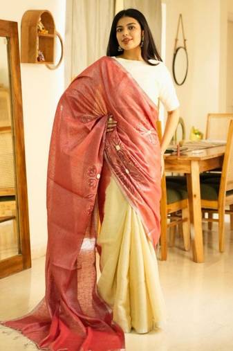 rosé whisper handcrafted floral linen saree in dual tone