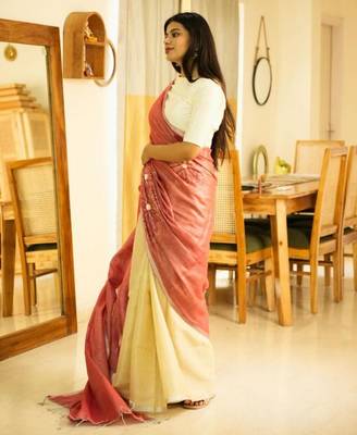 ros   whisper handcrafted floral linen saree in dual tone 2