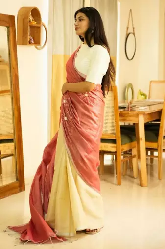 ros   whisper handcrafted floral linen saree in dual tone