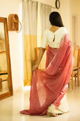 ros   whisper handcrafted floral linen saree in dual tone