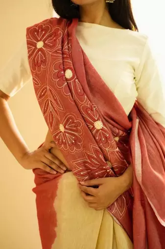 ros   whisper handcrafted floral linen saree in dual tone