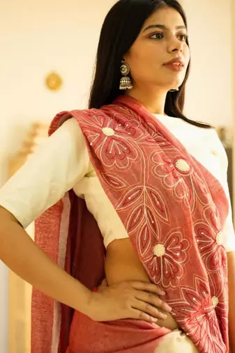 ros   whisper handcrafted floral linen saree in dual tone