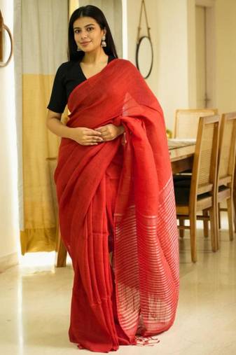 rustic bloom red linen saree with zari striped pallu