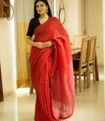 rustic bloom red linen saree with zari striped pallu