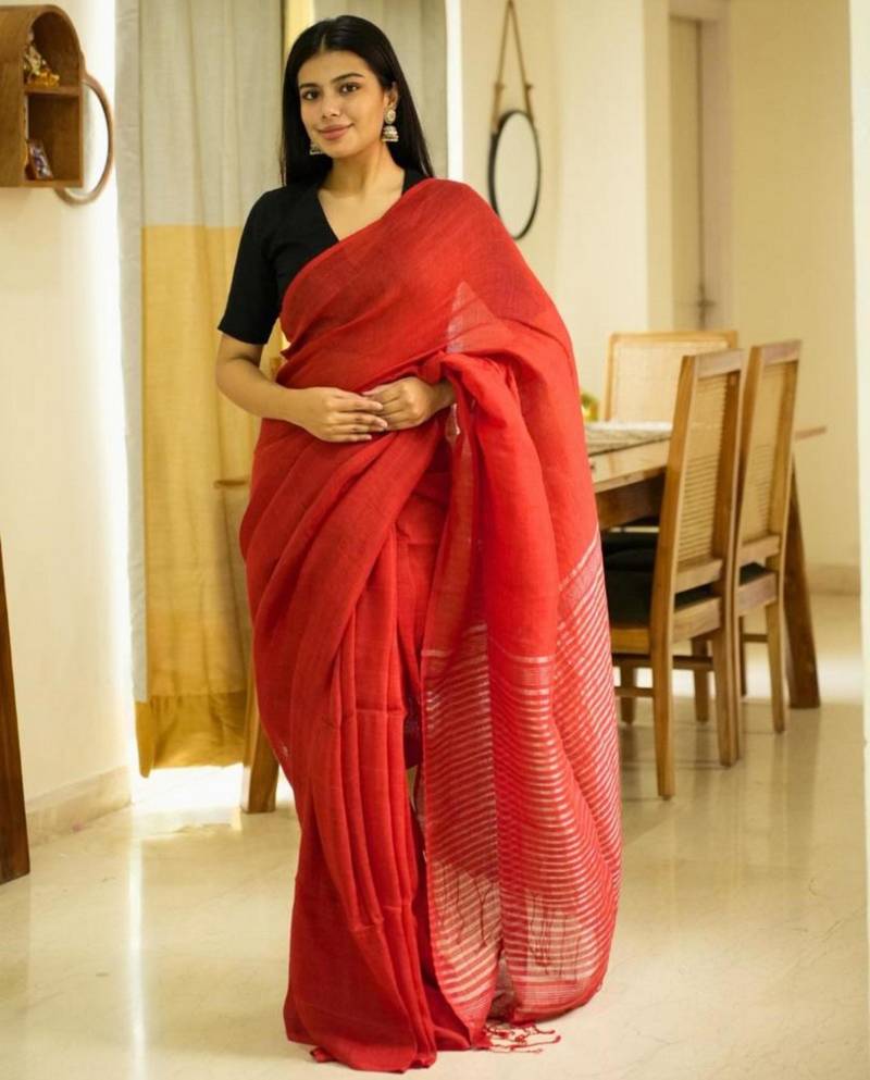 rustic bloom red linen saree with zari striped pallu