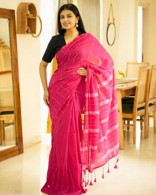 blush lines pink & white striped cotton saree 1