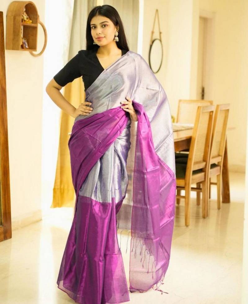 moonlit blush pink & silver glass-finish tissue saree