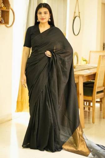 twilight tale black cotton saree with gold & silver zari pallu