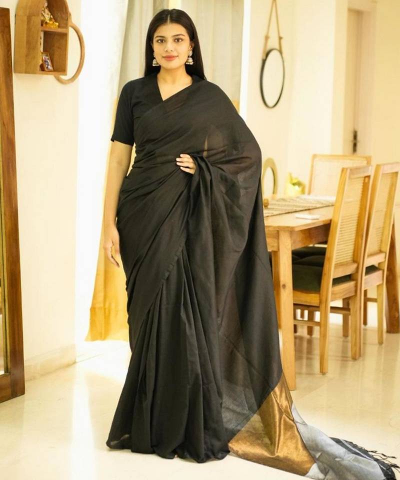 twilight tale black cotton saree with gold & silver zari pallu
