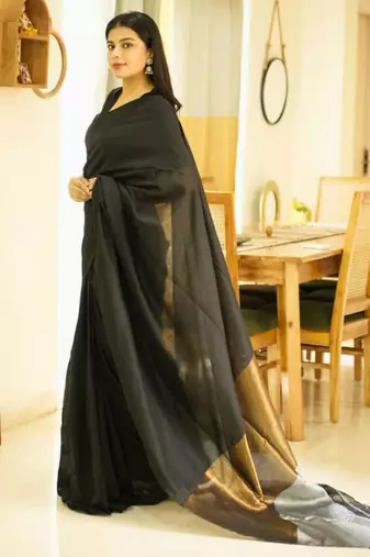 twilight tale black cotton saree with gold & silver zari pallu