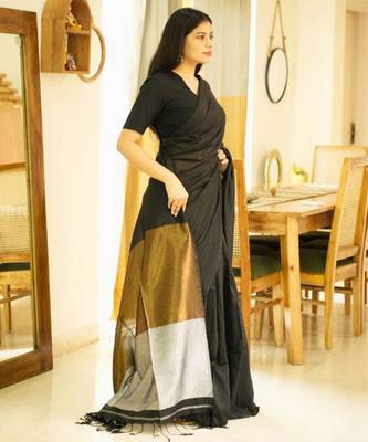 twilight tale black cotton saree with gold & silver zari pallu 3