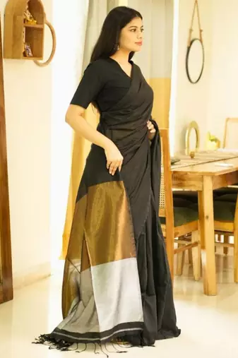 twilight tale black cotton saree with gold & silver zari pallu