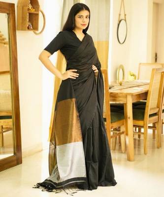twilight tale black cotton saree with gold & silver zari pallu 4