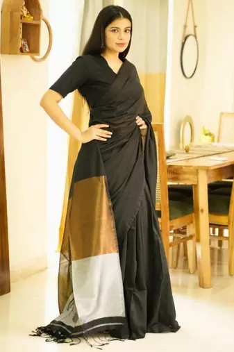 twilight tale black cotton saree with gold & silver zari pallu
