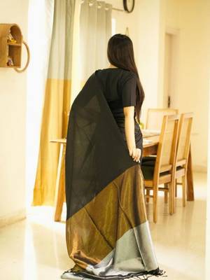 twilight tale black cotton saree with gold & silver zari pallu 5