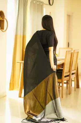 twilight tale black cotton saree with gold & silver zari pallu