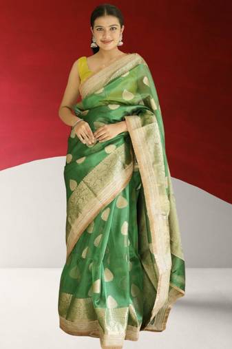 green banarasi saree with zari border