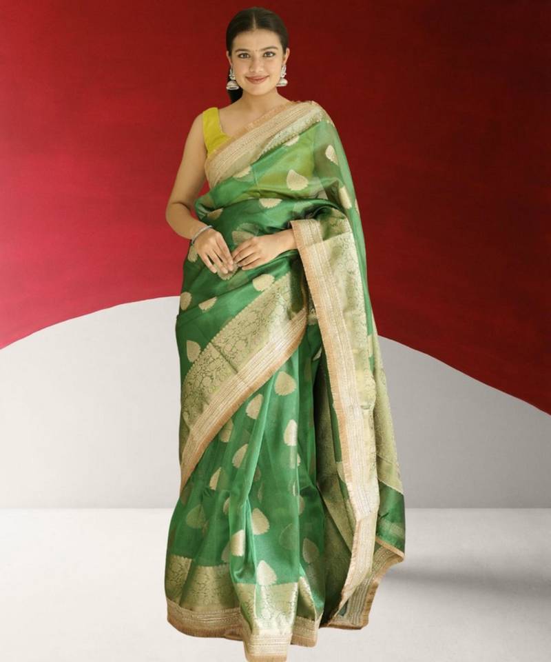 green banarasi saree with zari border