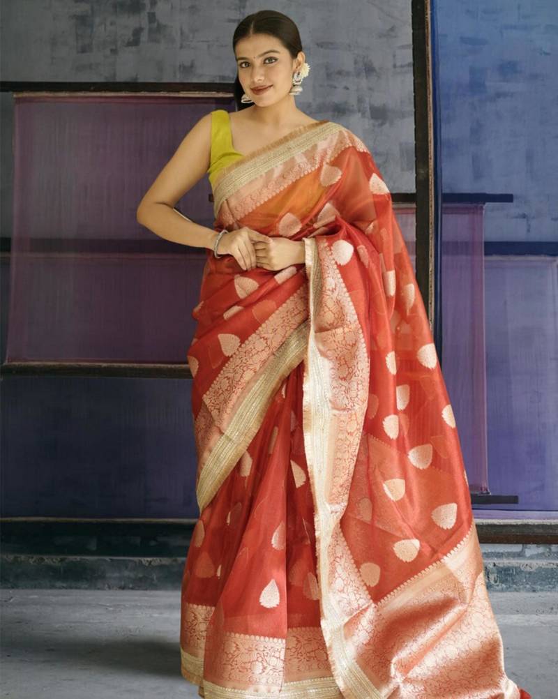 red banarasi saree with zari border