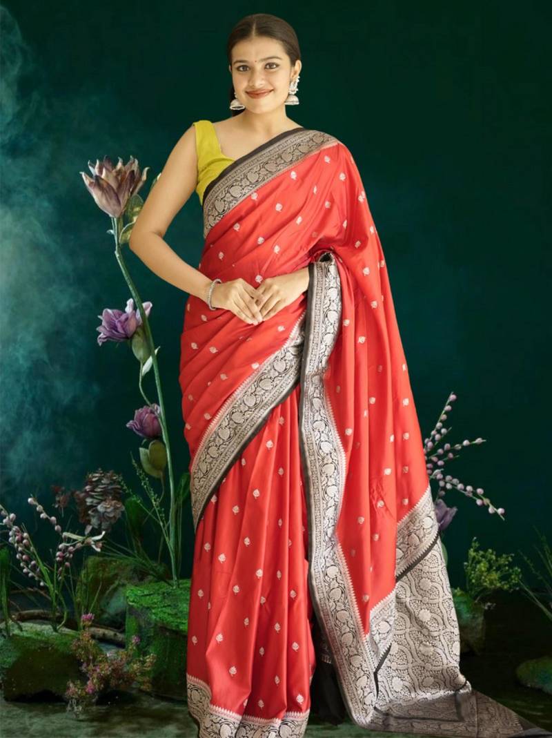 red banarasi silk saree with black border