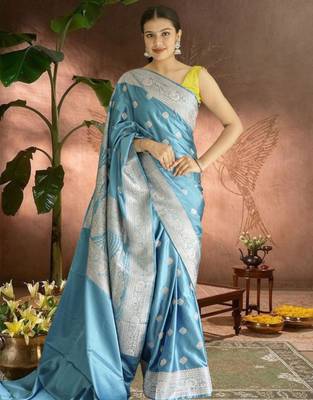 blue banarasi silk saree with zari border 1