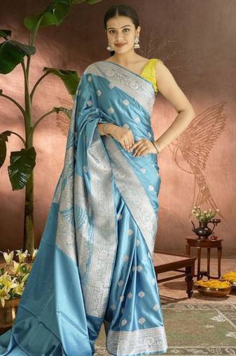 blue banarasi silk saree with zari border